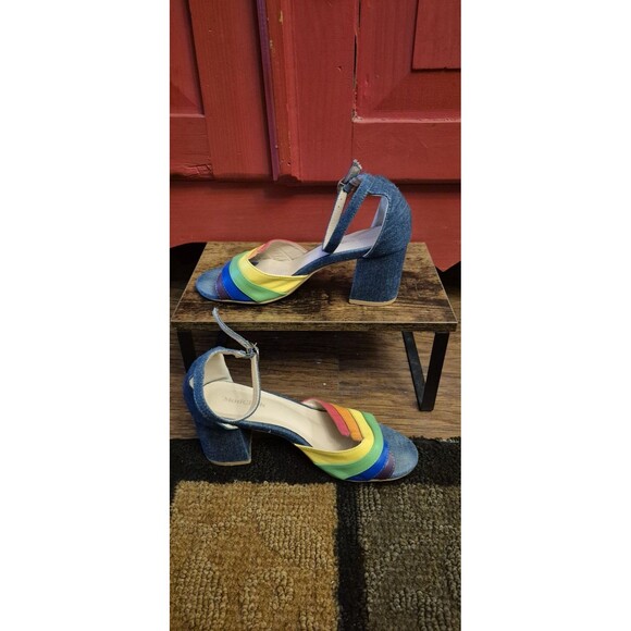 Modcloth Size 5 Euro 38 Limitless Radiance Rainbow & Denim Ankle Strap Heels EUC - Picture 2 of 5